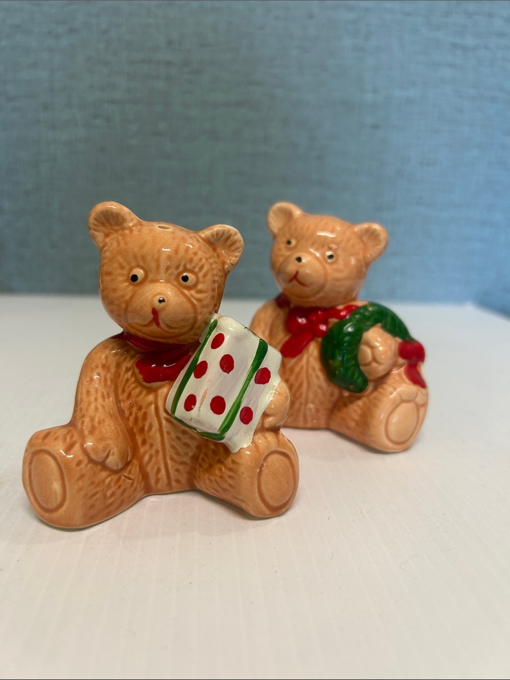 Vintage Ceramic Christmas Teddy Bear Salt & Pepper Shakers Set